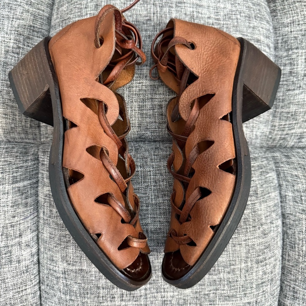 Aketohn Brown Leather Lace Up Gladiator Sandals Stacked Chunky Heel Size 37 - Picture 8 of 14
